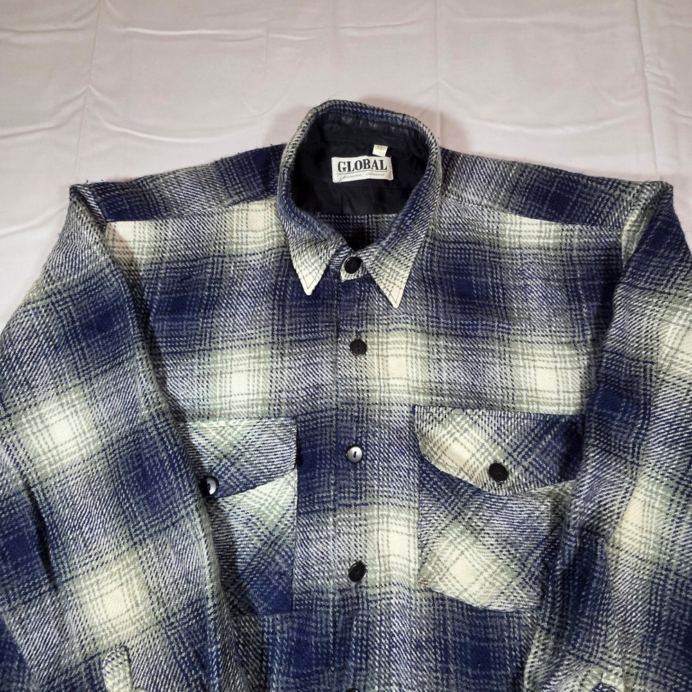 Global Exclusive Collection Blue Plaid Flannel Shirt Jacket Mens XL 43/44 - Picture 3 of 8